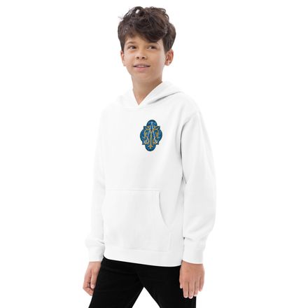 Kids Fleece Hoodie, Auspice Maria, Crest with rounded Cross, u3bkt0, left chest