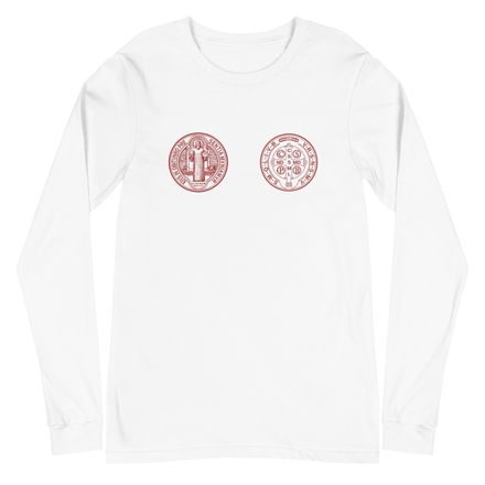 Embroidered Unisex Long Sleeve Tee, St. Benedict Medal, filt5a design, red