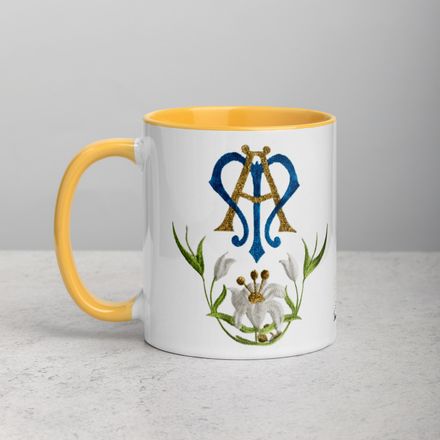 White Ceramic Mug with Color Inside, 11oz &amp; 15oz, Auspice Maria, Crest with bottom flowers, ber1mq