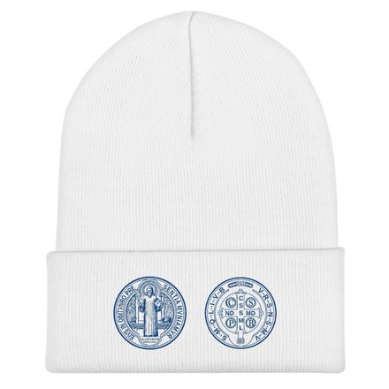 Cuffed Beanie, St. Benedict Medal, filt5a design, blue