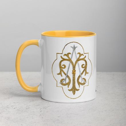 White Ceramic Mug with Color Inside, 11oz &amp; 15oz, Auspice Maria, Crest with outer edge, kdegvj