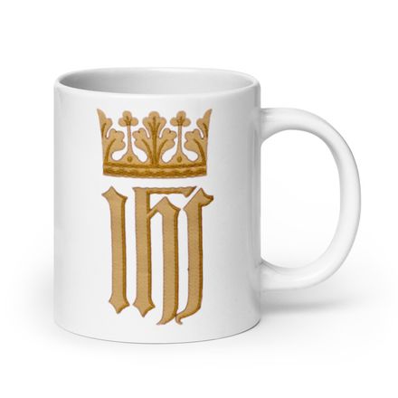   White Glossy Mug, 20oz, IHS with Crown, Golden Pattern, nlxdo1