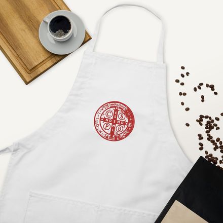 Embroidered Apron, St. Benedict Medal, oih8m5 design, red