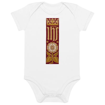 Organic Cotton Baby Bodysuit, IHS Stripe With Crown and Monstrance, Red, yok2qk