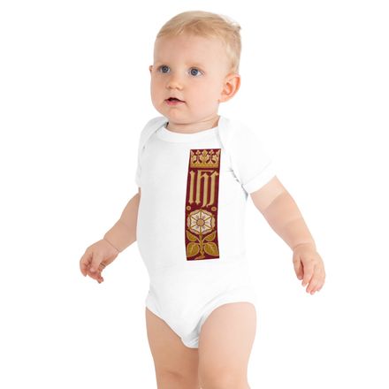 Baby Short Sleeve One Piece, IHS Stripe With Crown and Monstrance, Red, yok2qk, left chest