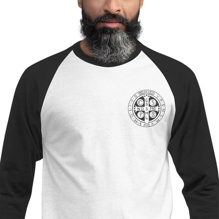 Embroidered Unisex 3/4 Sleeve Raglan Shirt, St. Benedict Medal, jl2qob design, left chest
