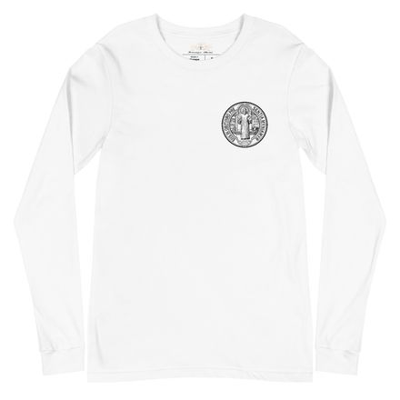 Unisex Long Sleeve Tee, St. Benedict Medal, filt5a design, left chest, large back