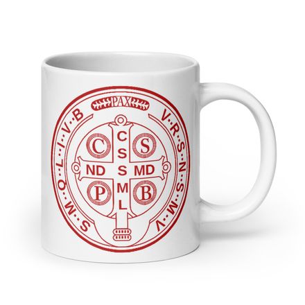   White Glossy Mug, 20oz,St. Benedict Medal, filt5a design, red
