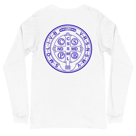 Unisex Long Sleeve Tee, St. Benedict Medal, filt5a design, blue, left chest, large back