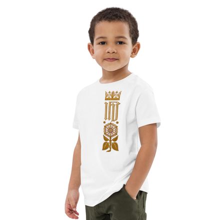 Organic Cotton Kids T-Shirt, IHS Stripe With Crown and Monstrance, vw6yal, left chest