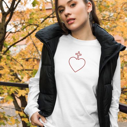 Embroidered Unisex Long Sleeve Tee, Sacred Heart of Jesus, 7ugqf9 hollow design