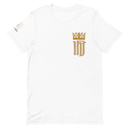 Unisex Staple T-Shirt, IHS with Crown, Golden Pattern, nlxdo1, left chest