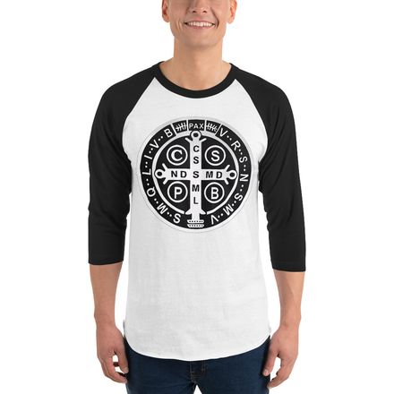 Unisex 3/4 Sleeve Raglan Shirt, St. Benedict Medal, qiretu design