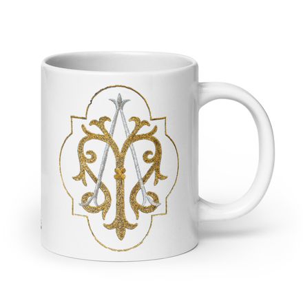   White Glossy Mug, 20oz, Auspice Maria, Crest with outer edge, kdegvj