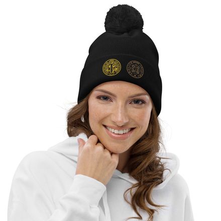 Pom-Pom Beanie, St. Benedict Medal, filt5a design, gold