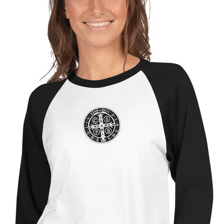 Embroidered Unisex 3/4 Sleeve Raglan Shirt, St. Benedict Medal, qiretu design