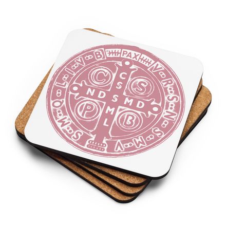 Cork-Back Coaster, St. Benedict Medal, 4ouume design, pink
