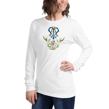 Unisex Long Sleeve Tee, Auspice Maria, Crest with bottom flowers, ber1mq
