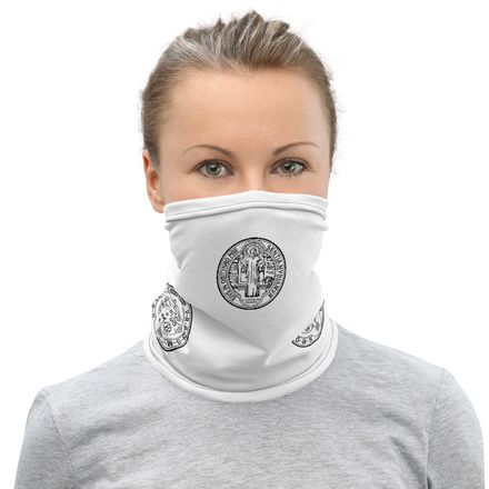 Neck Gaiter, St. Benedict Medal, filt5a design, side-by-side, quarter, multiple