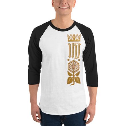 Unisex 3/4 Sleeve Raglan Shirt, IHS Stripe With Crown and Monstrance, vw6yal, left chest