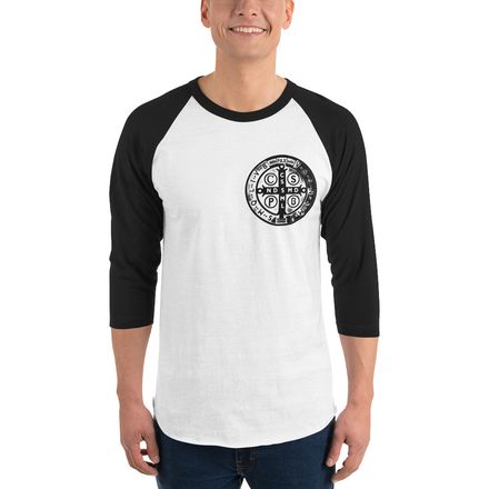 Unisex 3/4 Sleeve Raglan Shirt, St. Benedict Medal, oih8m5 design, left chest