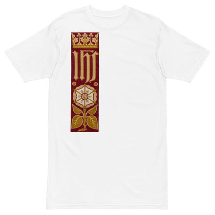 Men&#x27;s Premium Heavyweight Tee, IHS Stripe With Crown and Monstrance, Red, yok2qk, right chest