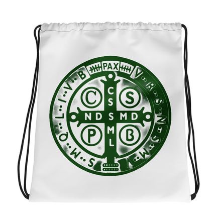 Drawstring Bag, St. Benedict Medal, oih8m5 design, green