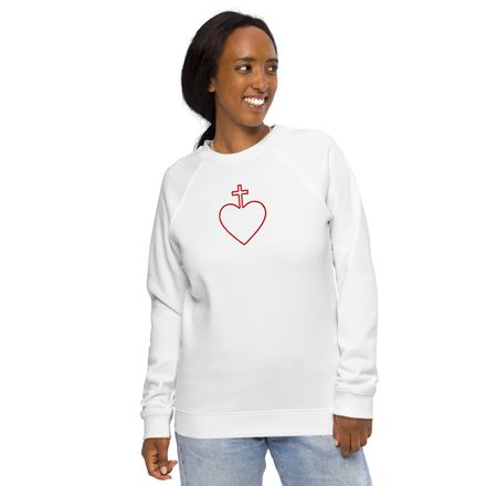 Embroidered Unisex Organic Raglan Sweatshirt, Sacred Heart of Jesus, 7ugqf9 hollow design