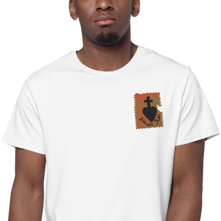 Embroidered Men&#x27;s Premium Cotton T-Shirt, Sacré Coeur, Dieu de Roi, Vendée Chouan, sqpbrl,left chest