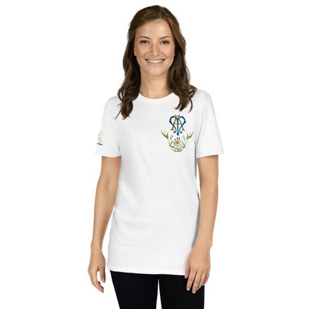 Unisex Basic Softstyle T-Shirt, Auspice Maria, Crest with bottom flowers, ber1mq, left chest