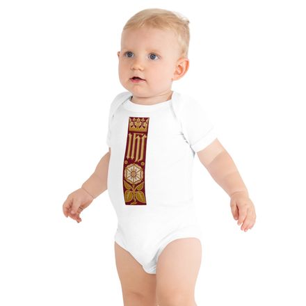 Baby Short Sleeve One Piece, IHS Stripe With Crown and Monstrance, Red, yok2qk