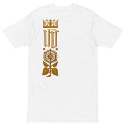 Men&#x27;s Premium Heavyweight Tee, IHS Stripe With Crown and Monstrance, vw6yal, right chest