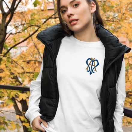 Embroidered Unisex Long Sleeve Tee, Auspice Maria, Crest, rphg0v, left chest