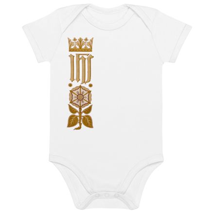 Organic Cotton Baby Bodysuit, IHS Stripe With Crown and Monstrance, vw6yal, right chest
