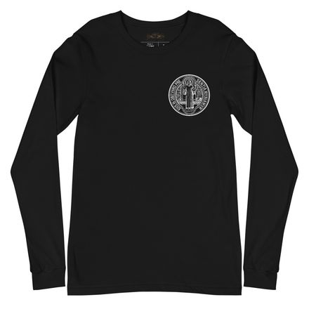 Unisex Long Sleeve Tee, St. Benedict Medal, filt5a design, inverse, left chest, large back
