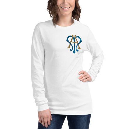 Unisex Long Sleeve Tee, Auspice Maria, Crest, rphg0v, left chest