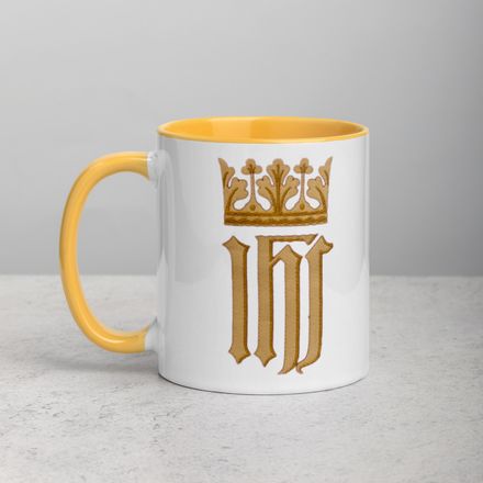 White Ceramic Mug with Color Inside, 11oz &amp; 15oz, IHS with Crown, Golden Pattern, nlxdo1