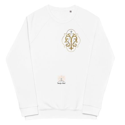 Unisex Organic Raglan Sweatshirt, Auspice Maria, Crest with outer edge, kdegvj, left chest