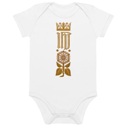 Organic Cotton Baby Bodysuit, IHS Stripe With Crown and Monstrance, vw6yal