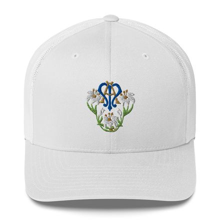 Retro Trucker Hat, Auspice Maria, Crest with flowers, qfko6t