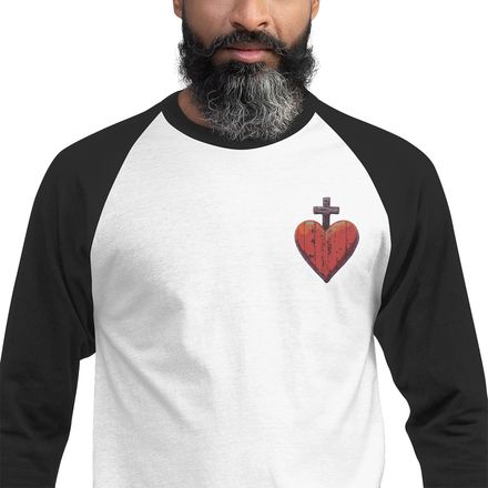 Embroidered Unisex 3/4 Sleeve Raglan Shirt, Sacred Heart of Jesus, 9i93k9 design, left chest