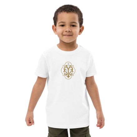 Embroidered Organic Cotton Kids T-Shirt, Auspice Maria, Crest with outer edge, kdegvj