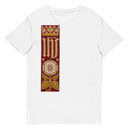 Men&#x27;s Premium Cotton T-Shirt, IHS Stripe With Crown and Monstrance, Red, yok2qk, right chest