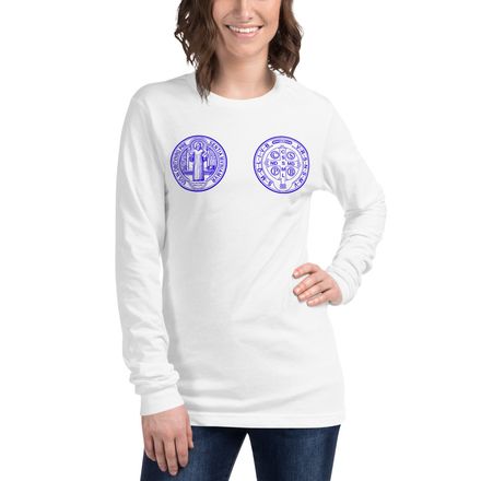 Unisex Long Sleeve Tee, St. Benedict Medal, filt5a design, blue
