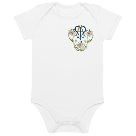 Organic Cotton Baby Bodysuit, Auspice Maria, Crest with flowers, qfko6t, left chest