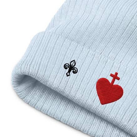 Ribbed Knit Beanie, Sacred Heart of Jesus, 7ugqf9 design, small Fleur de Lys