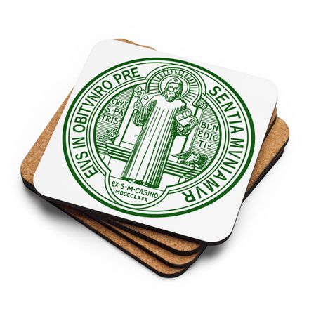 Cork-Back Coaster, St. Benedict Medal, debxwe design, dark green