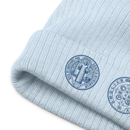 Ribbed Knit Beanie, St. Benedict Medal, filt5a design, blue