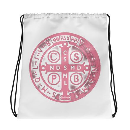 Drawstring Bag, St. Benedict Medal, oih8m5 design, pink