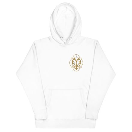 Embroidered Unisex Premium Hoodie, Auspice Maria, Crest with outer edge, kdegvj, left chest